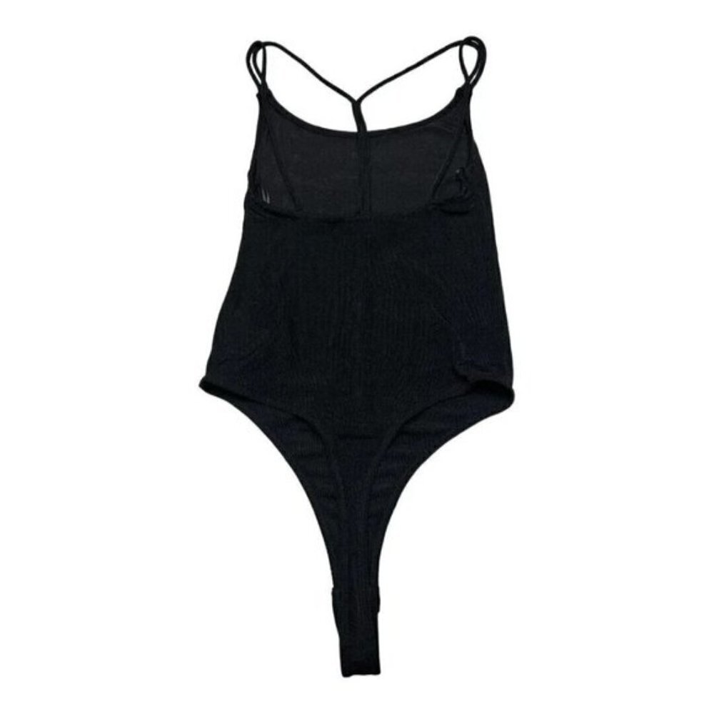 Elodie BNWOT womens black shimmer thong bodysuit t-strap back